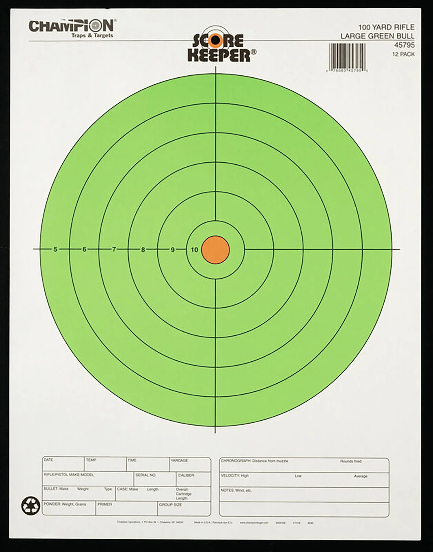 Champion Targets 45795 Score Keeper  Bullseye Paper Hanging 100 yds Rifle Large Fluorescent Green & Orange 12 PK