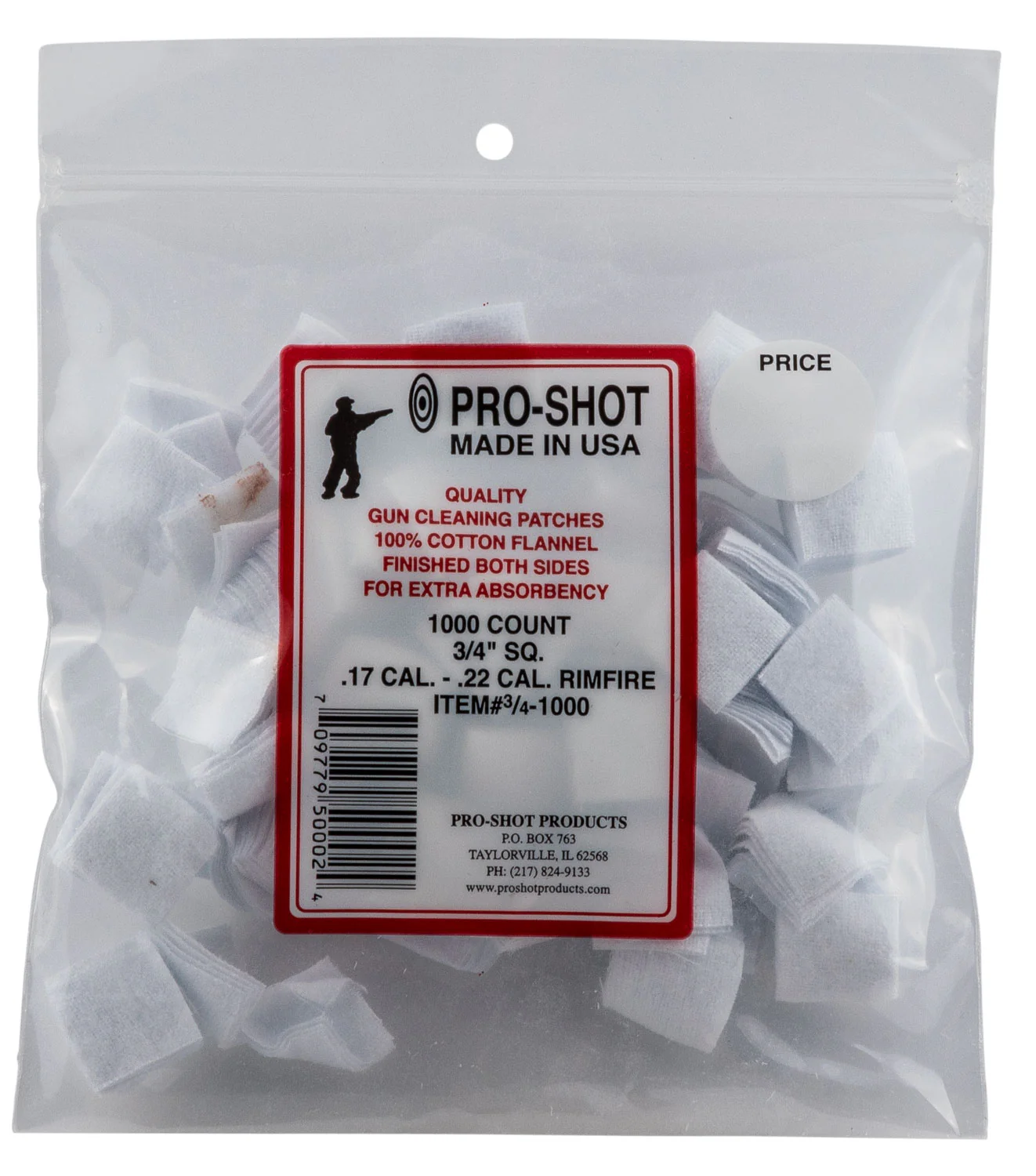 Pro-Shot 341000 Cleaning Patches .17/ .22 Cal 0.75" Square Cotton Flannel 1000 Pack