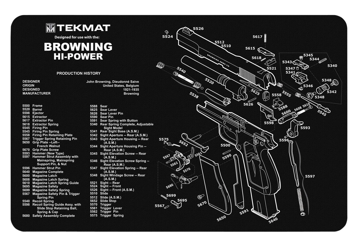 TekMat TEKR17BROWNINGHP  Cleaning Mat Black/White Rubber 11"x17" Browning Hi-Power Parts Diagram