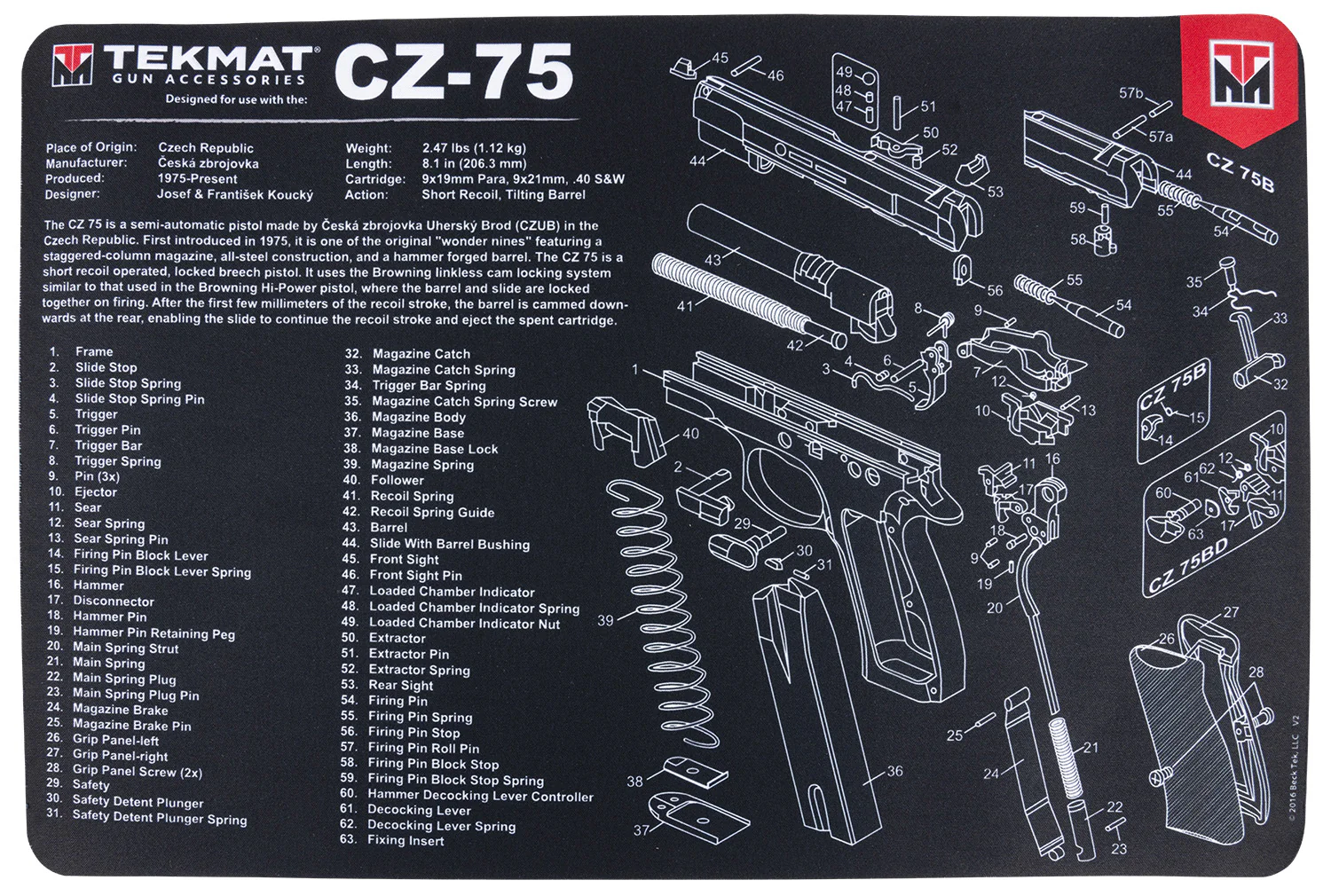 TekMat TEKR17CZ75 CZ 75 Cleaning Mat Black/White Rubber 11"x17" CZ-75 Parts Diagram