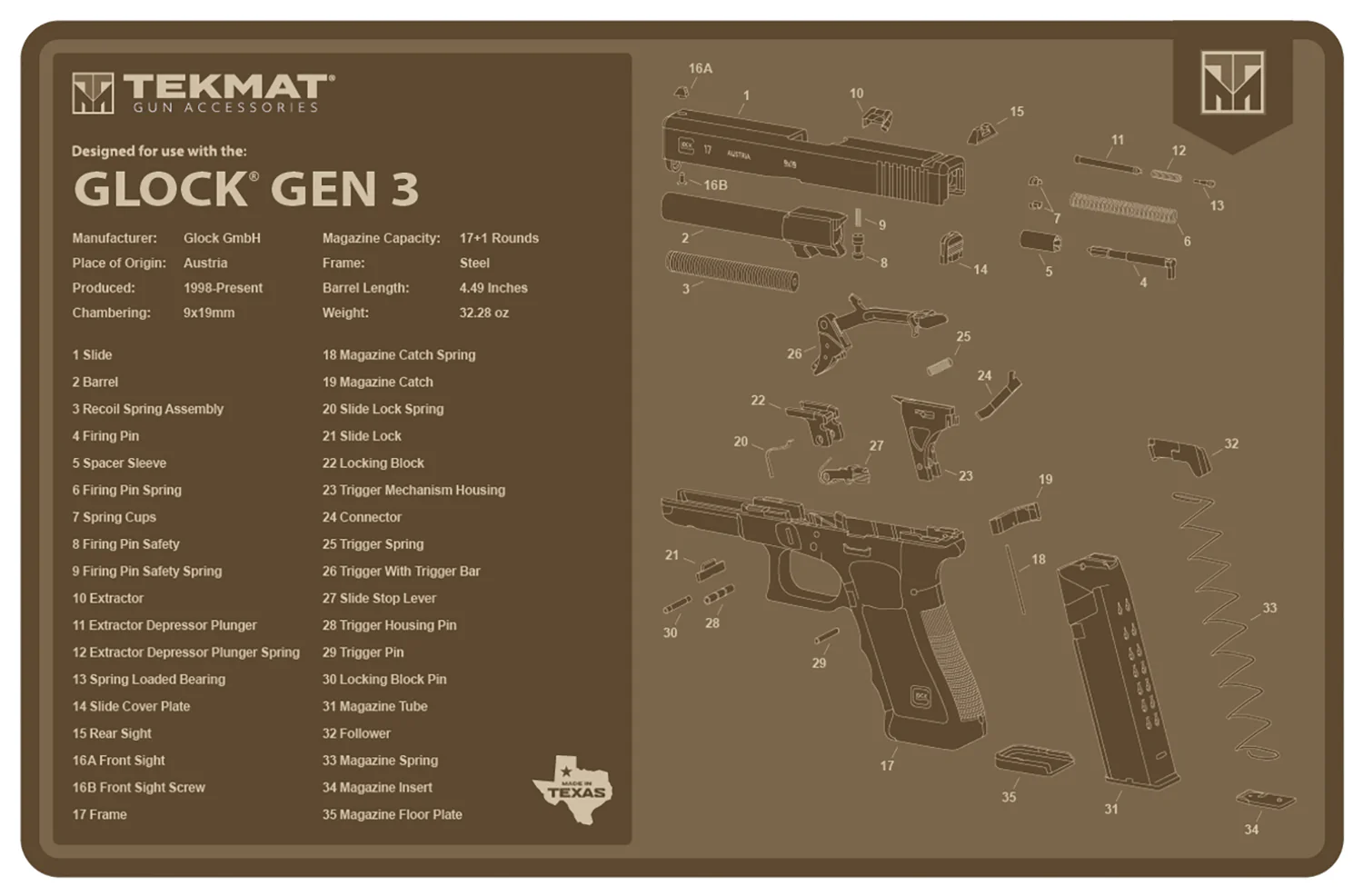 TekMat TEKR17GLOCKG3FDE Glock Gen 3 Cleaning Mat Flat Dark Earth Rubber 11"x17" Glock Gen 3 Parts Diagram