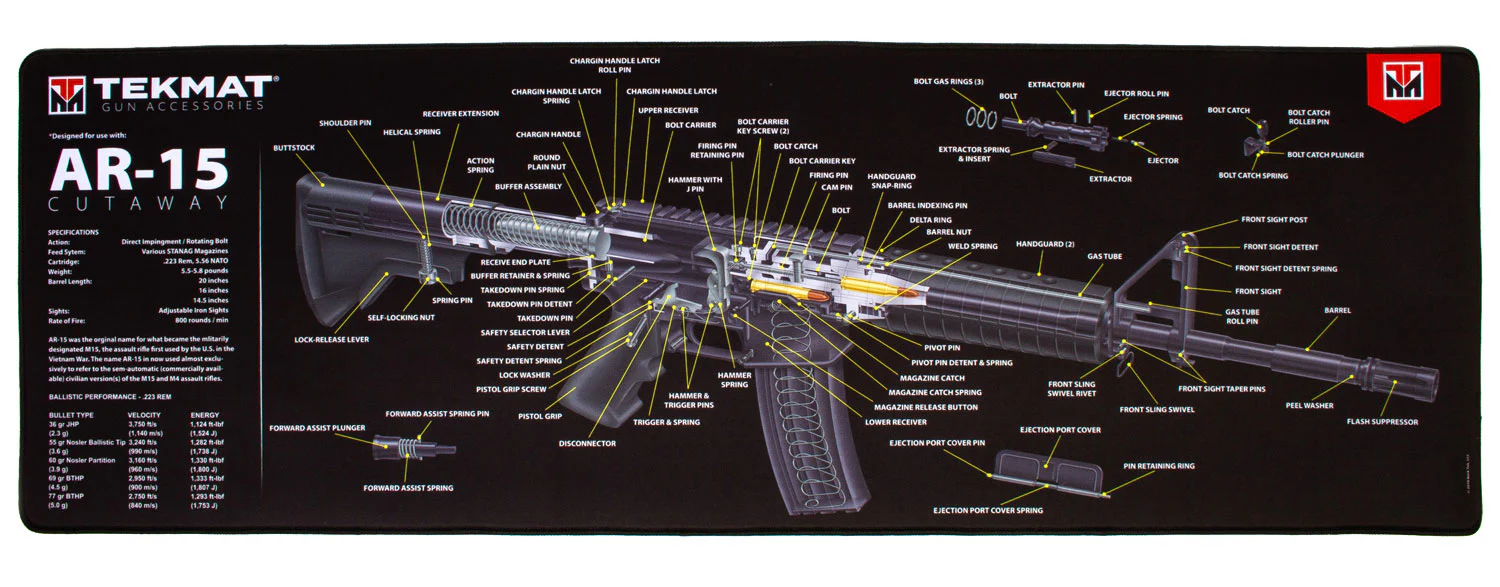 TekMat TEKR44AR15CA AR-15 Cleaning Mat Black/White Rubber 15"x44" AR-15 3D Cutaway Illustration